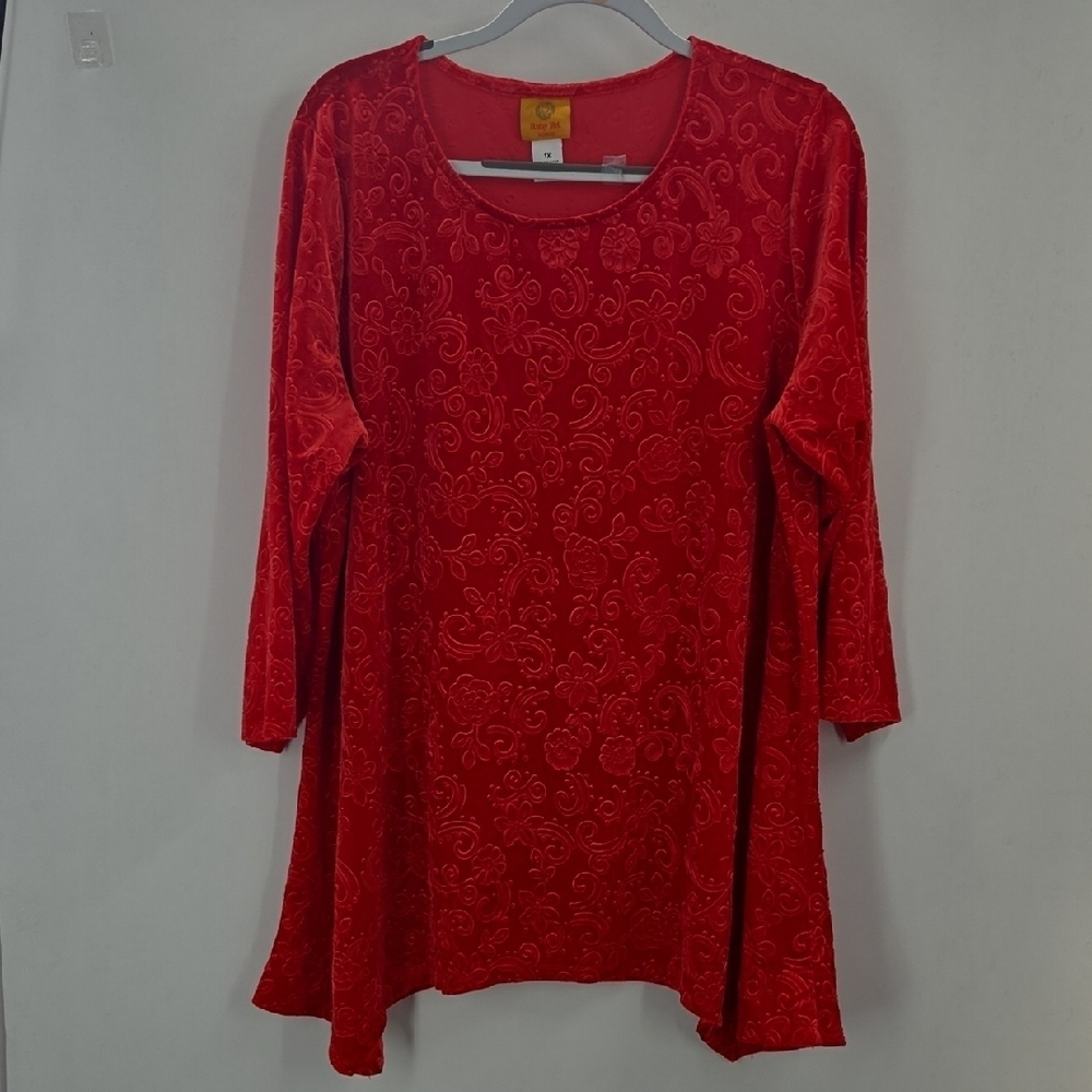 Ruby Rd Elegant Red Velvety Floral Tunic